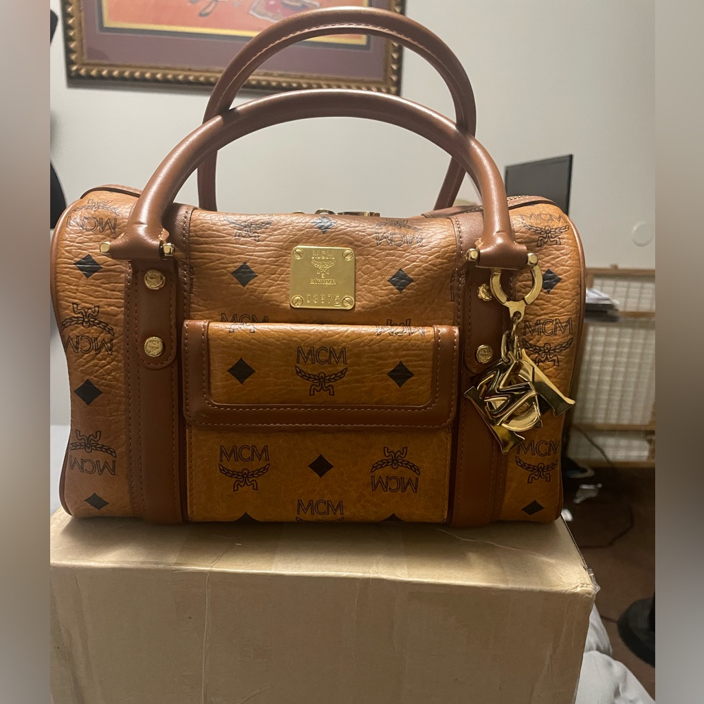 Mcm Cognac Leather Satchel With Gold Accents